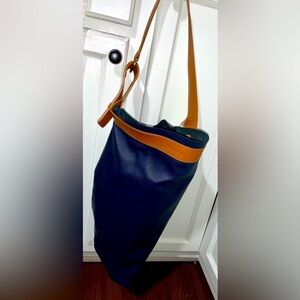 Nora Lozza leather Colombian quite luxury handbag navy tan boho classic $680